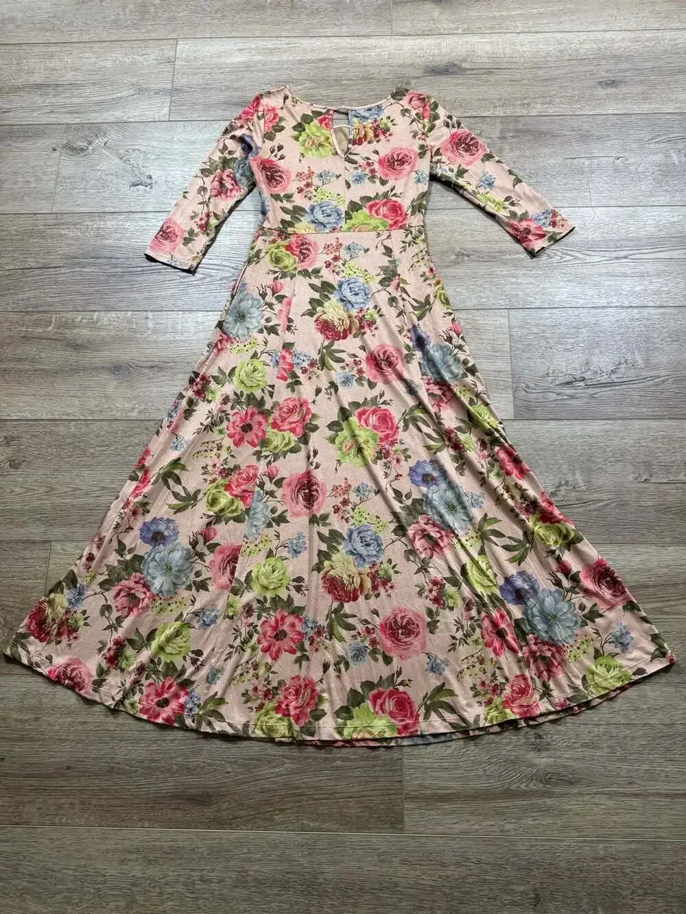 Peach Ice Floral Midi Dress Size S Pink Cottagecore Boho 3/4 Sleeve Maxi - Picture 3 of 14